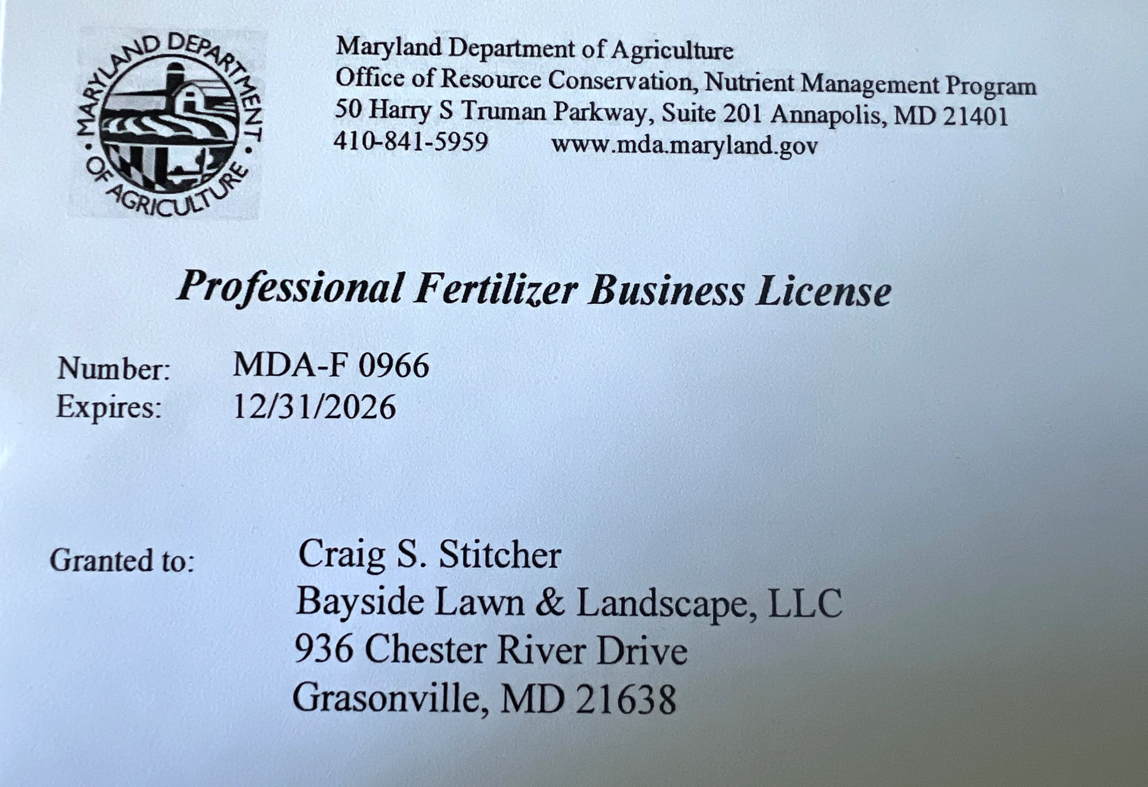 Maryland Department of Agriculture Professional Fertilizer Business License MDA-F 0966 issued to Bayside Lawn and Landscape, LLC